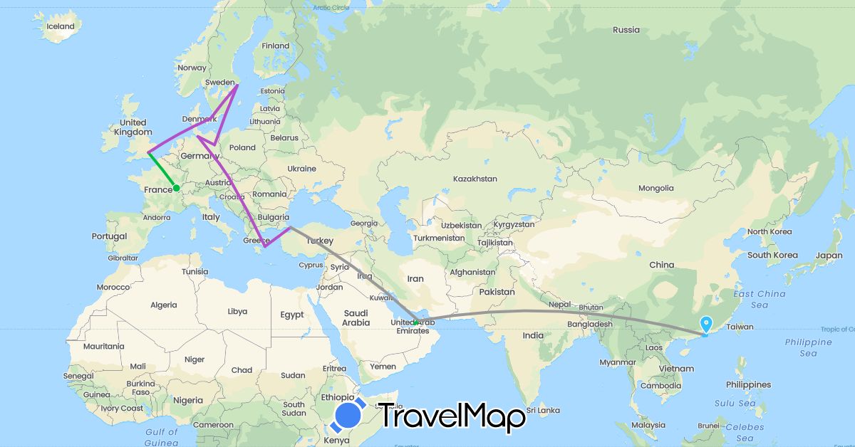 TravelMap itinerary: bus, plane, train, boat in United Arab Emirates, Austria, Czech Republic, Germany, Denmark, France, United Kingdom, Greece, Hong Kong, Macau, Sweden, Turkey (Asia, Europe)